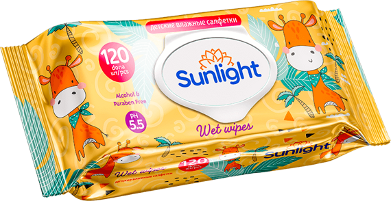Салфетки влажные Sunlight (Жираф, Лиса, Мишка) детские 120 шт, Rio International