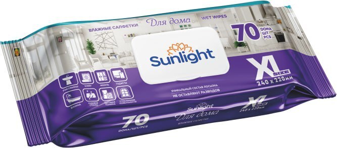 Салфетки влажные Sunlight XL size 24*22 см, 70 шт. для кухни и дома,Rio International